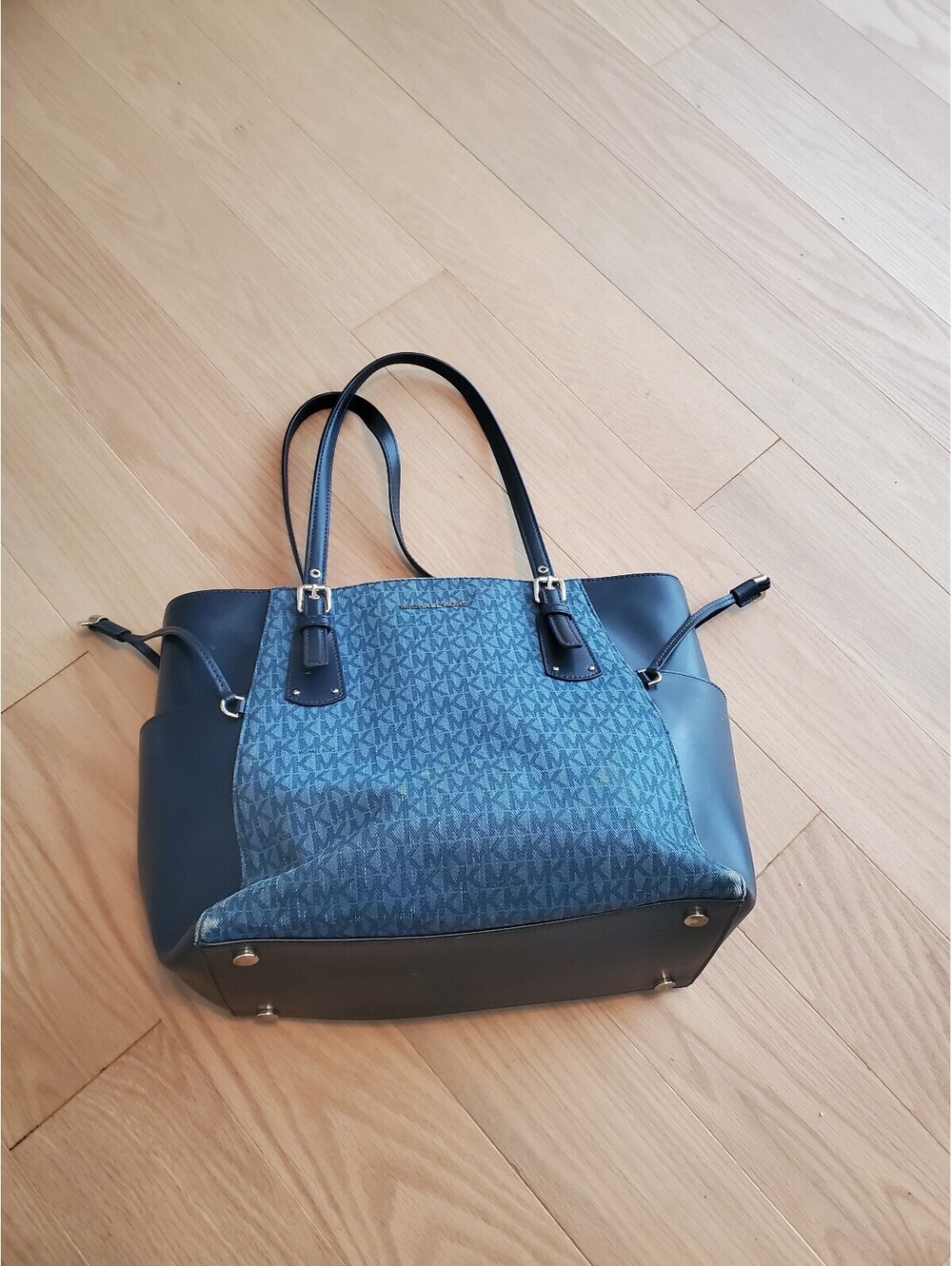 Michael Kors Blue Signature Tote Bag with Leather Trim